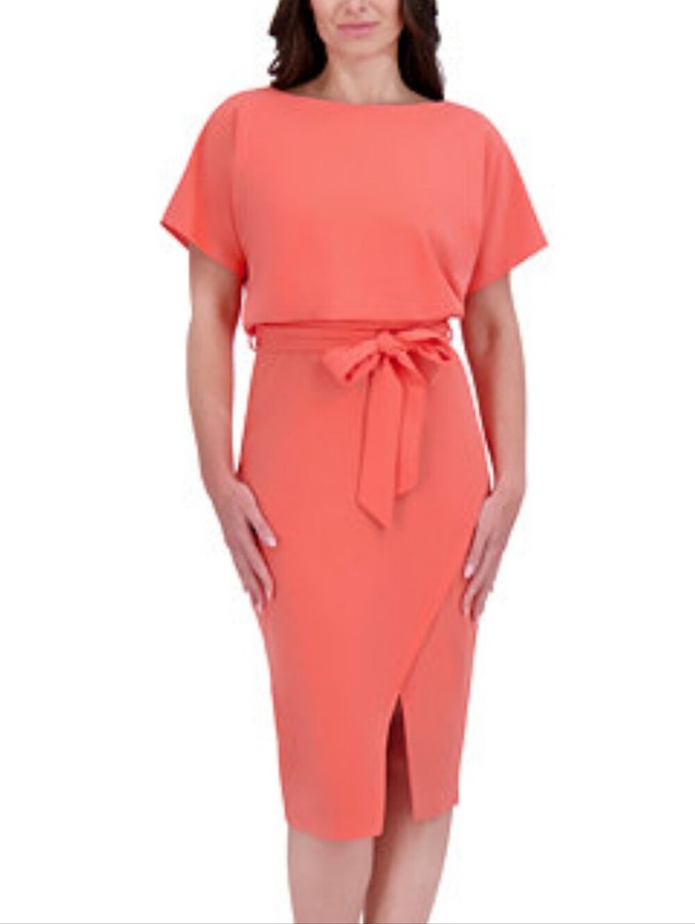 Kensie Dress Size 6 Coral Pink Ruched Waist Tulip Hem Midi Dress NWT $98